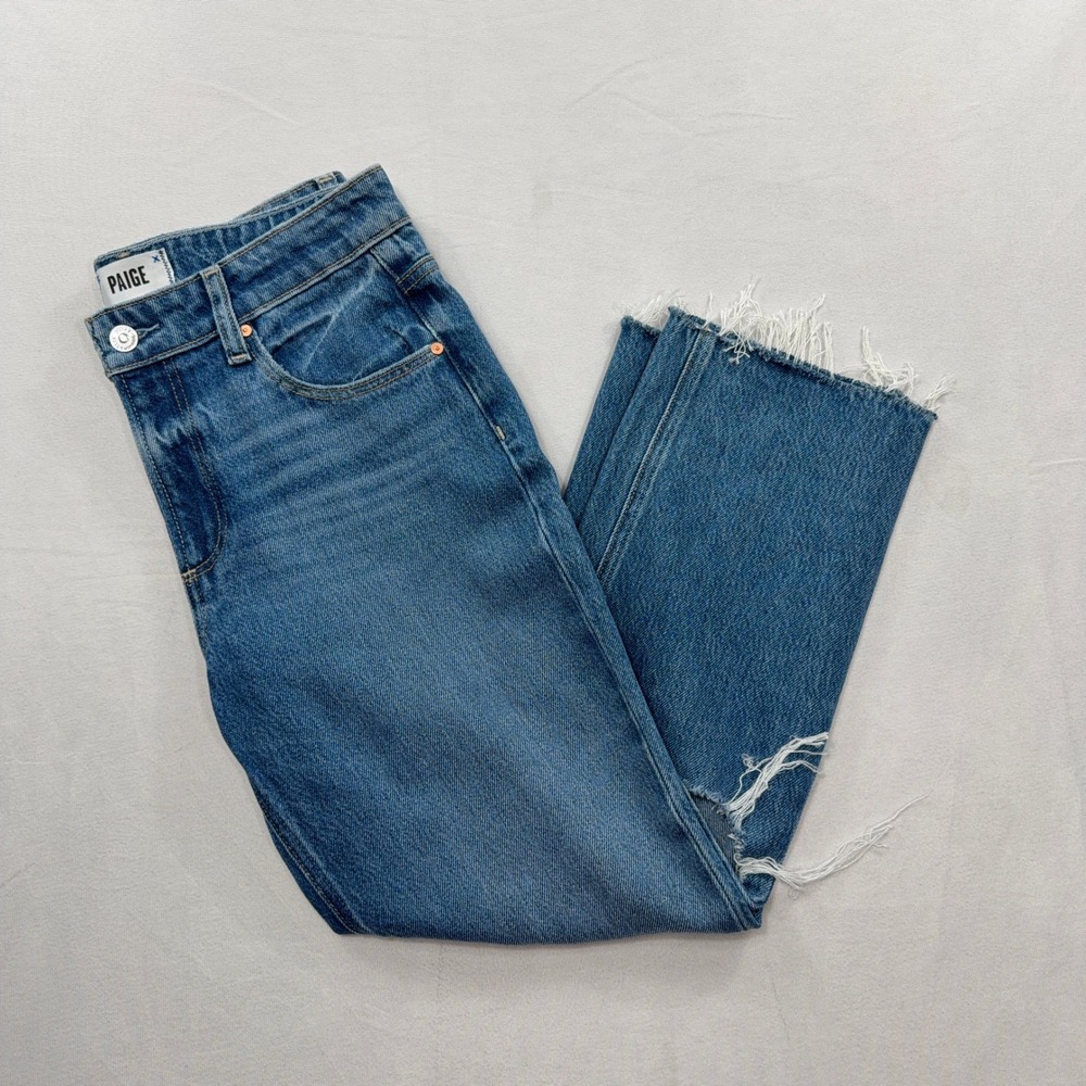 Paige Jeans High Rise Distressed Straight Leg Raw Hem Blue Womens 27